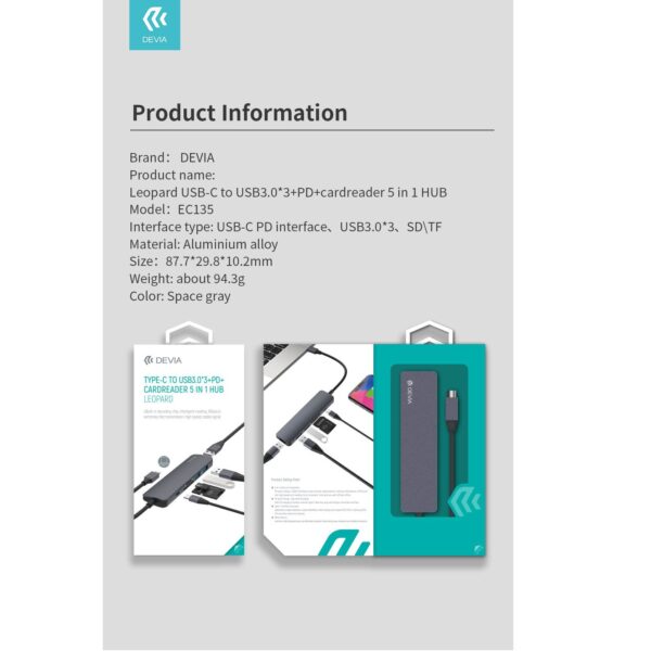 DEVIA Leopard Type-C To 3 x USB3.0 + PD + Cardreader 5 In 1 HUB Gray