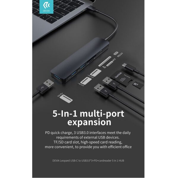 DEVIA Leopard Type-C To 3 x USB3.0 + PD + Cardreader 5 In 1 HUB Gray