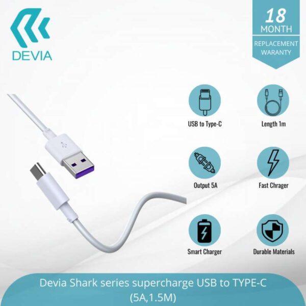 DEVIA Shark series supercharge USB to TYPE-C Cable full compatible White (5A,1.5M)