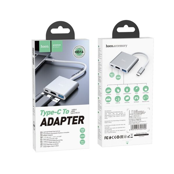 HOCO - HB14 HUB TYPE C ADAPTER TO USB3.0 + HDMI+ PD67W SILVER