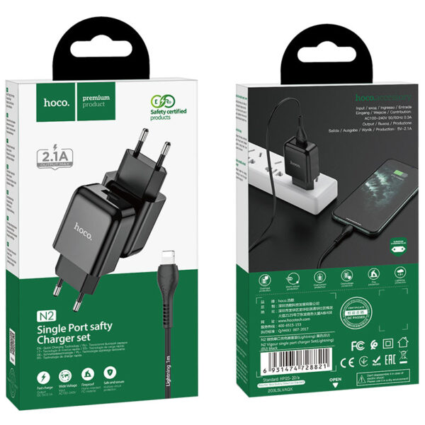 HOCO - N2 VIGOUR SINGLE USB TRAVEL CHARGER 2,1A SET LIGHTNING BLACK