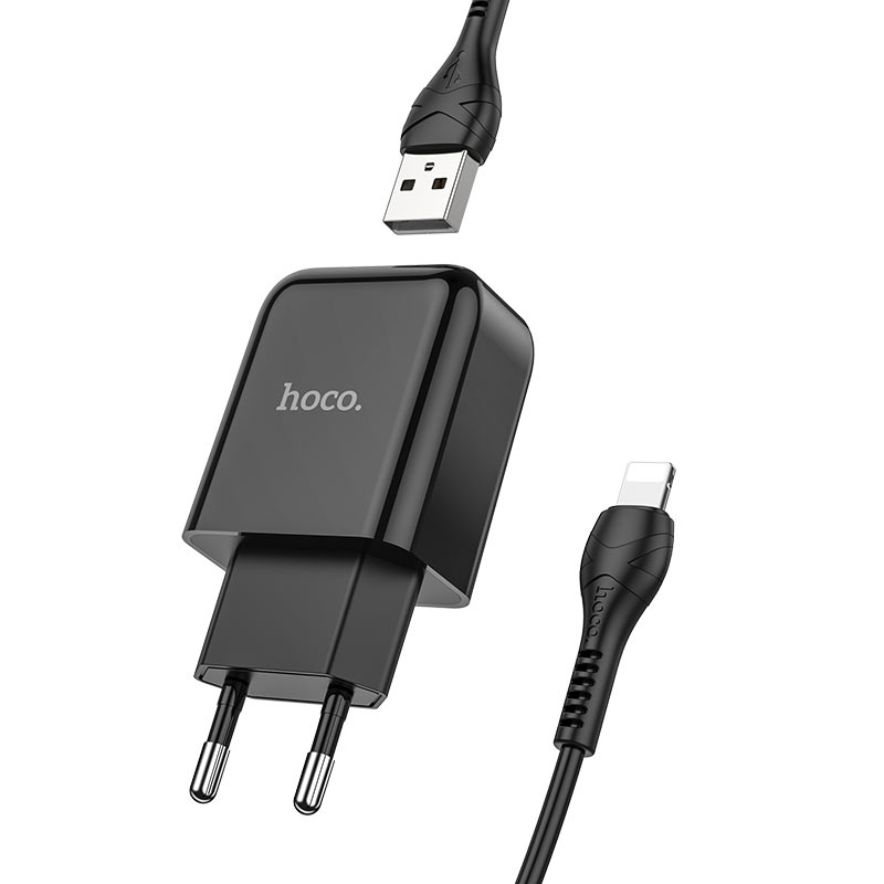 HOCO - N2 VIGOUR SINGLE USB TRAVEL CHARGER 2,1A SET LIGHTNING BLACK