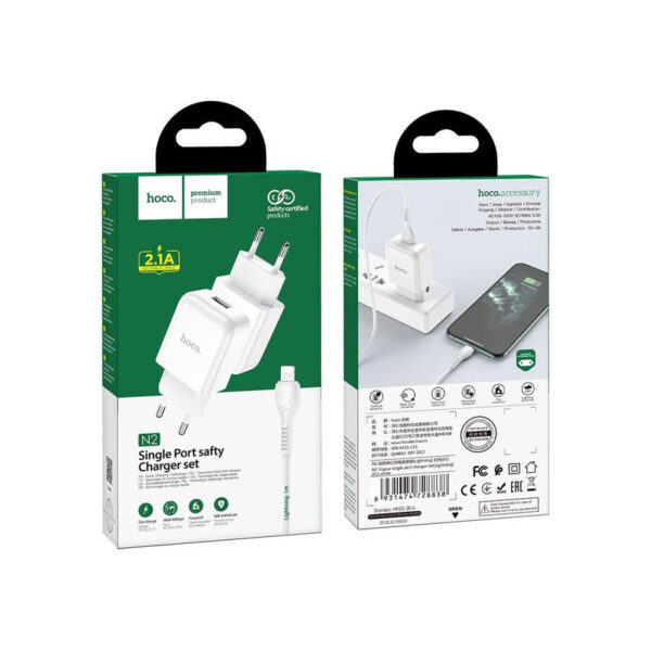 HOCO - N2 VIGOUR SINGLE USB TRAVEL CHARGER 2,1A SET LIGHTNING WHITE