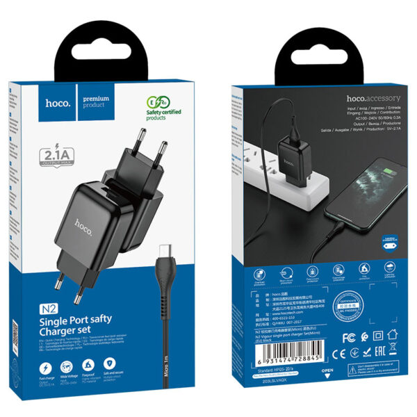 HOCO - N2 VIGOUR SINGLE USB TRAVEL CHARGER 2,1A SET microUSB BLACK