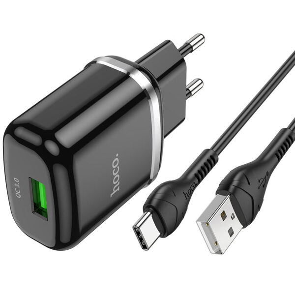 HOCO - N3 VIGOUR TRAVEL CHARGER SINGLE USB QC3.0, 18W SET Type C CABLE BLACK