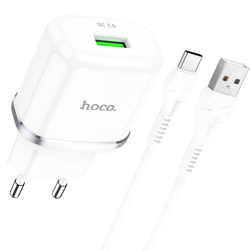 HOCO - N3 VIGOUR TRAVEL CHARGER SINGLE USB QC3.0, 18W SET Type C CABLE WHITE
