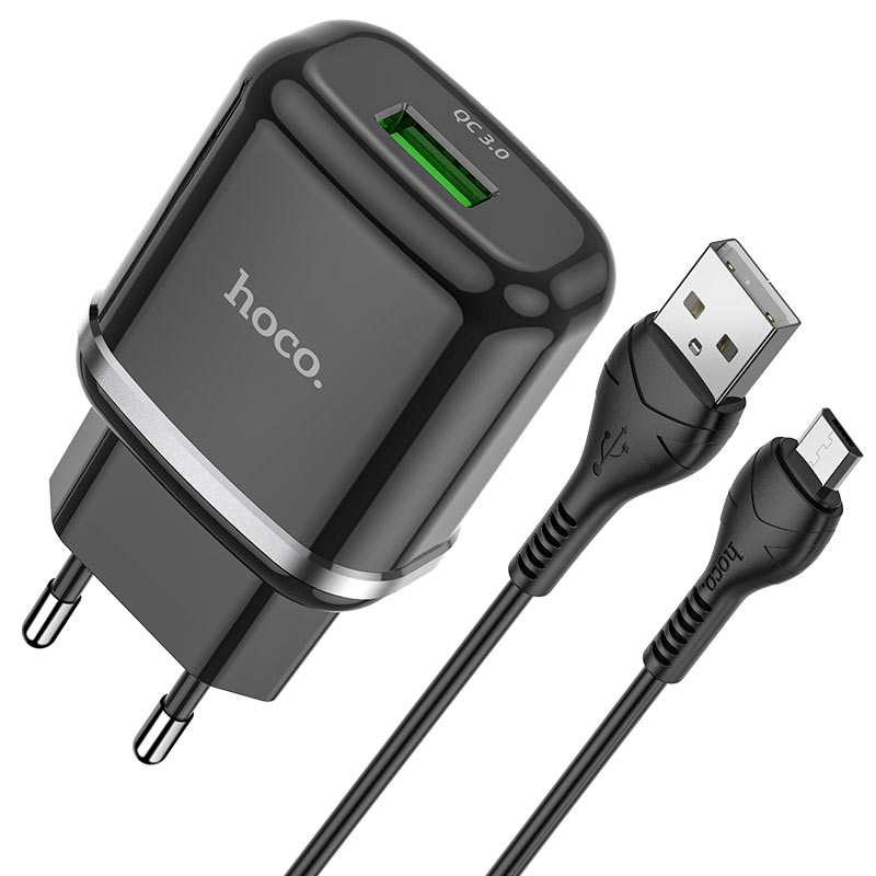 HOCO - N3 VIGOUR TRAVEL CHARGER SINGLE USB QC3.0, 18W SET microUSB CABLE BLACK