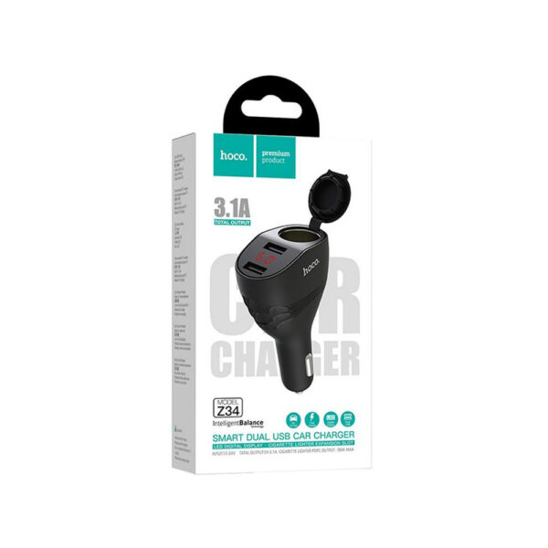 HOCO - Z34 THUNDER CAR CHARGER DUAL USB 5V 3.1A MAX AND CHIGARETTE LIGHTER SLOT 96W BLACK