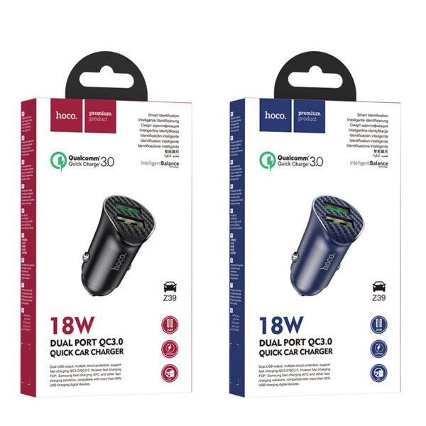 HOCO - Z39 CAR CHARGER DUAL PORT QC3.0 18W BLUE