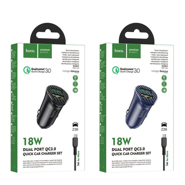HOCO - Z39 CAR CHARGER DUAL PORT QC3.0 18W SET microUSB CABLE BLACK