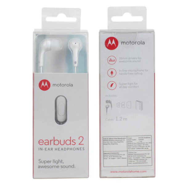 MOTOROLA - EARBUDS 2 STEREO WIRED EARPHONES HANDS FREE WHITE