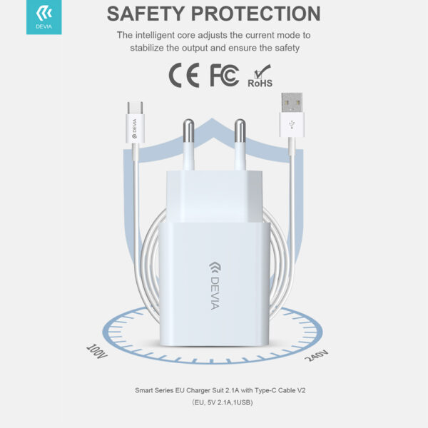 DEVIA Smart Series Charger Suit 2.1A with Type-C Cable V2 White (EU, 5V 2.1A,1USB)