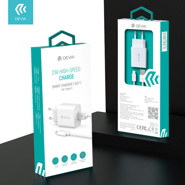 DEVIA Smart Series Charger Suit 2.1A with Type-C Cable V2 White (EU, 5V 2.1A,1USB)