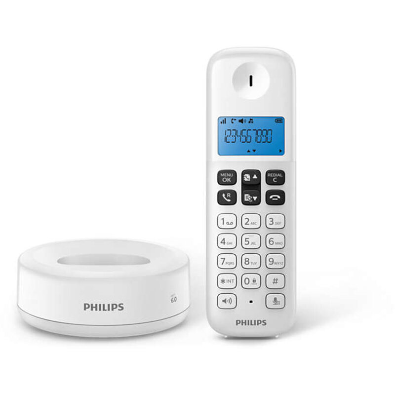 Philips D1611W/GRS ’σπρο Ασύρματο τηλέφωνο ανοιχτή ακρόαση, φωτιζόμενη οθόνη και 50 μνήμες