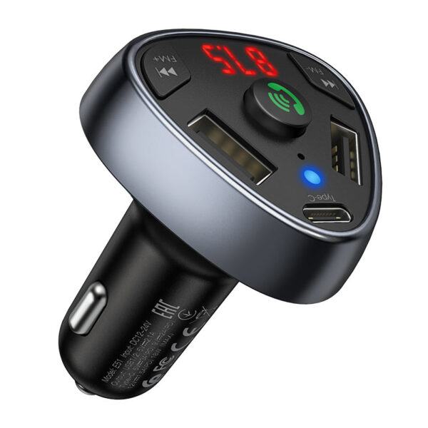 HOCO - E51 BLUETOOTH FM TRANSMITTER & TRIPLE CHARGER WITH 2 USB 3.1A AND TYPE C 18W BLACK