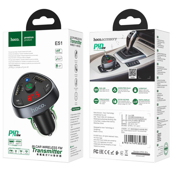HOCO - E51 BLUETOOTH FM TRANSMITTER & TRIPLE CHARGER WITH 2 USB 3.1A AND TYPE C 18W BLACK