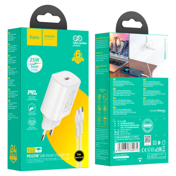 HOCO - N22 TRAVEL CHARGER PD 25W + LIGHTNING Cable White