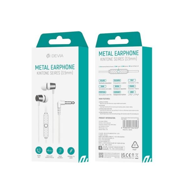 DEVIA wired earphones Kintone Metal jack 3,5mm white
