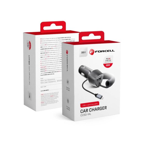 FORCELL CARBON car charger USB QC 3.0 18W + Lightning Cable PD20W CC50-1AL black (38W)