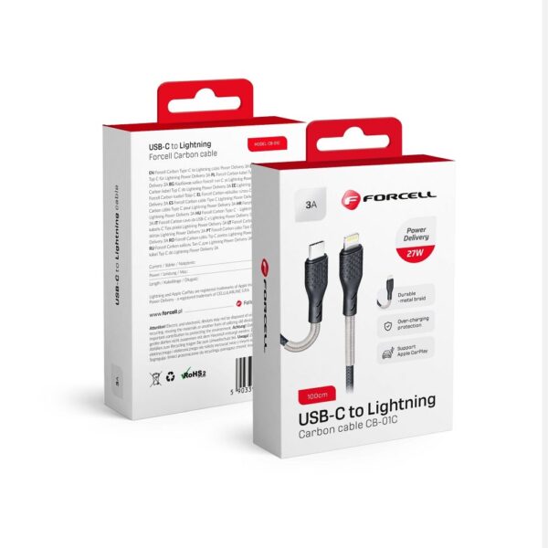 FORCELL Carbon cable Type C to Lighninng 8-pin PowerDelivery PD27W CB-01C black 1m
