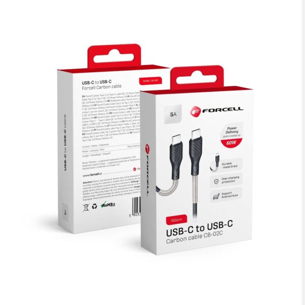 FORCELL Carbon cable Type C to Type C 3.0 QC Power Delivery PD60W CB-02C black 1m
