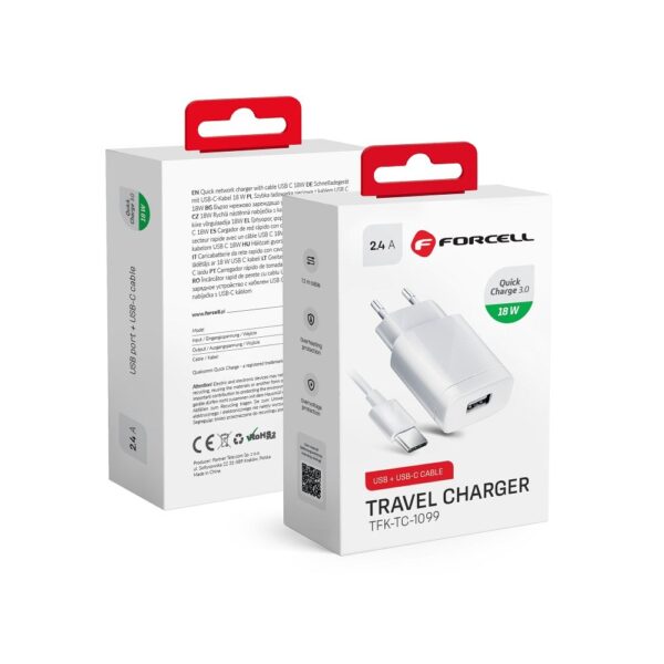 Forcell Travel Charger USB and type-C Cable - 2,4A Quick Charge 3.0 function (18W)