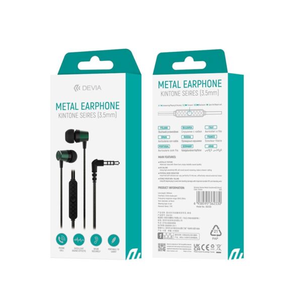DEVIA wired earphones Kintone Metal jack 3,5mm Green