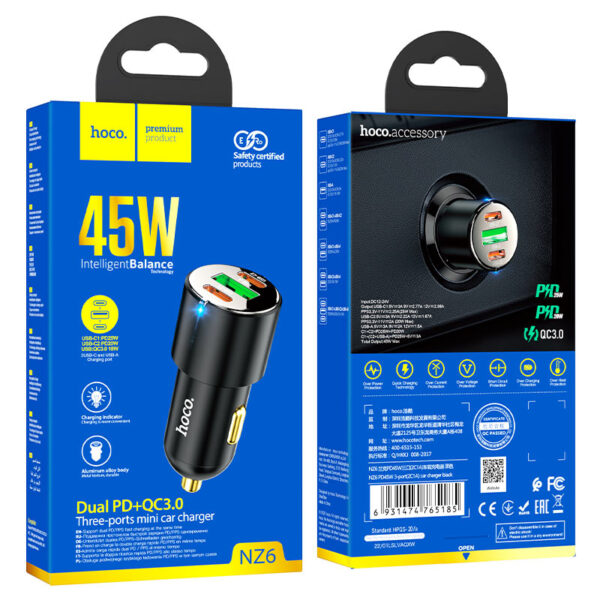 HOCO - NZ6 Car charger PD 45W Type-C 25W + Type-C 20W + USB 18W output