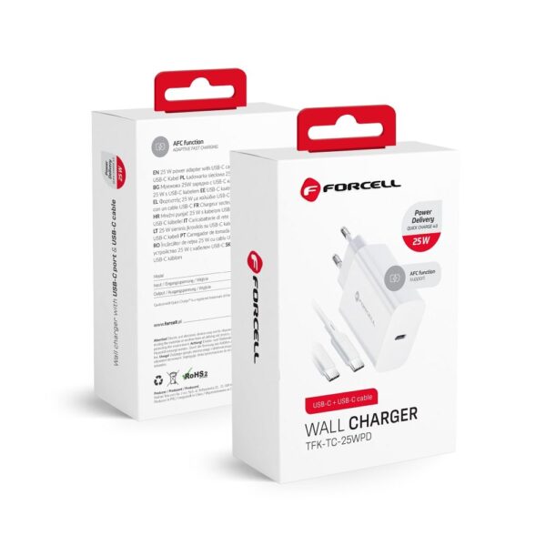 Travel Charger Forcell USB-C socket with Type-C cable - 3A PD and QC 4.0 function (25W)