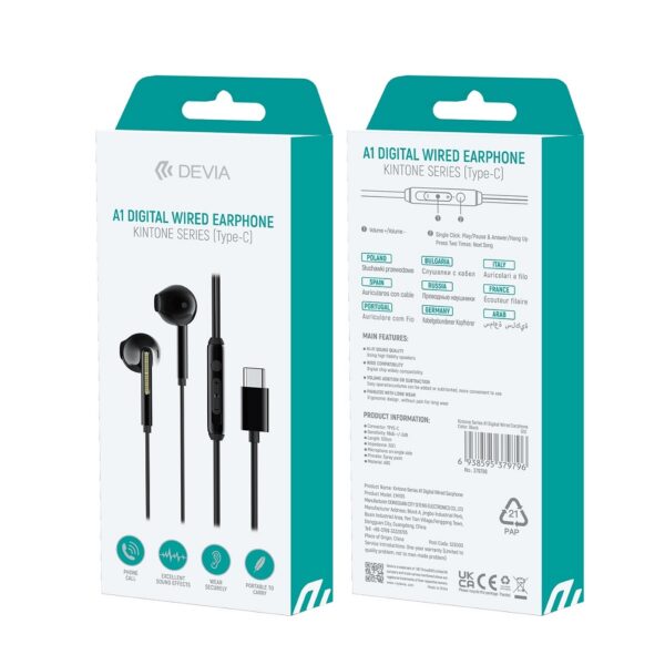 DEVIA wired earphones Kintone A1 Digital USB-C (Type-C) HANDS FREE Black