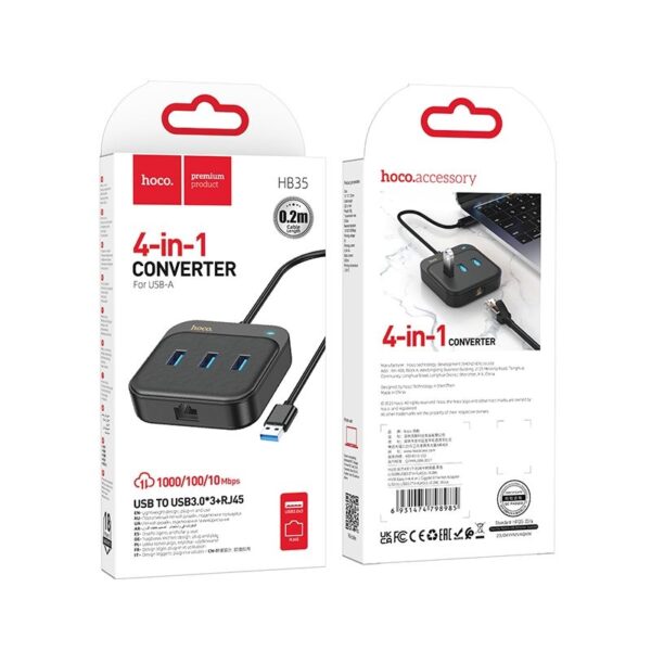 HOCO - HB35 adapter HUB 4in1 Typ C to USB3.0 3+RJ45 100Mbps Gigabit Ethernet 0,2m black