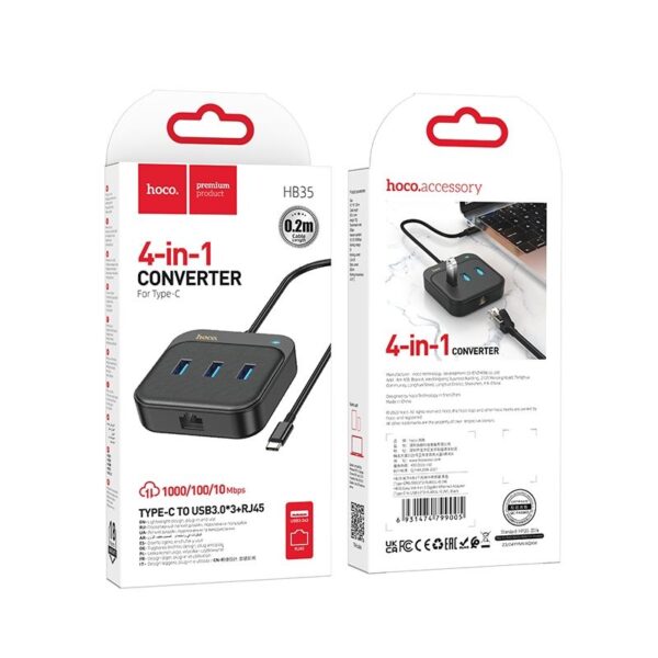 HOCO - HB35 adapter HUB 4in1 Type C to USB3.0 x3 + RJ45 Gigabit Ethernet 0,2m black