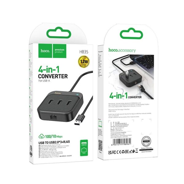 HOCO - HB35 adapter HUB 4in1 USB to USB2.0 3+RJ45 100 MbpsEthernet 1,2m black