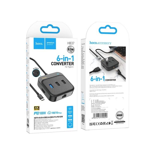 HOCO - HB37 adapter HUB 6in1 Type C to HDTV + RJ45 + USB3.0 + USB2.0 x2 + PD100W Multiport 0,2m