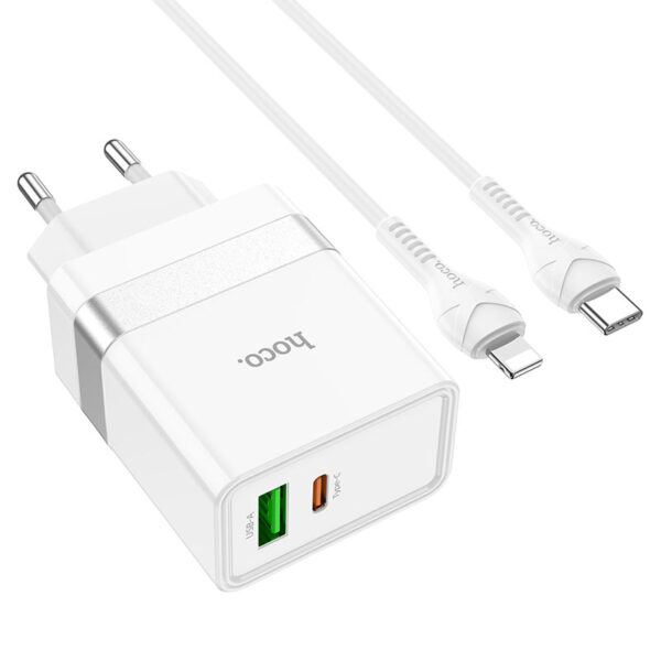 HOCO - N21 TRAVEL CHARGER dual port PD30W + QC3.0 EU set with LIGHTNING Cable White
