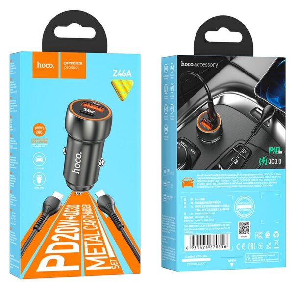 HOCO - Z46 car charger Type C + USB QC3.0 Power Delivery 20W with cable Lightning metal gray