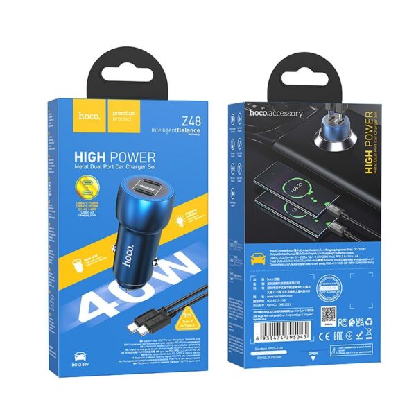 HOCO - Z48 car charger 2x Type C + cable Type C to Type C 40W sapphire blue