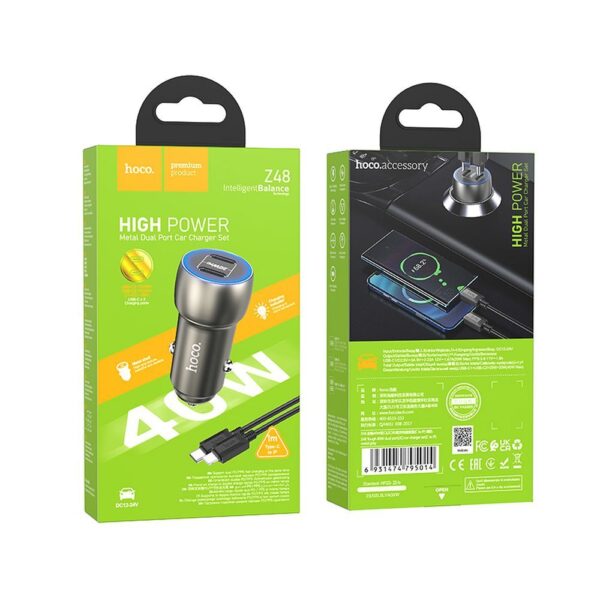 HOCO - Z48 car charger 2x Type C + cable Type C to iPhone Lightning 8-pin PD 40W metal gray