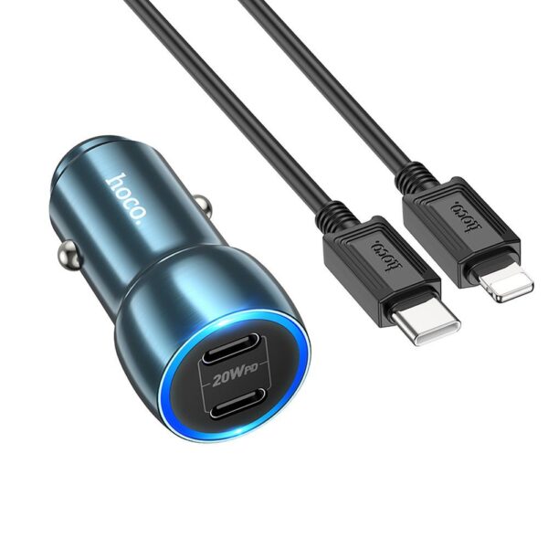 HOCO - Z48 car charger 2x Type C + cable Type C to iPhone Lightning 8-pin PD 40W sapphire blue
