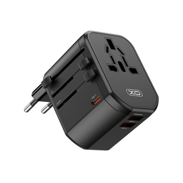 XO WL13 Adapter from/to all standards + Charger 220V, 20W, 2xUSB-A, USB-C, black