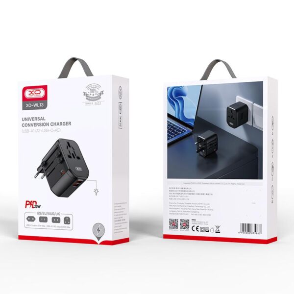 XO WL13 Adapter from/to all standards + Charger 220V, 20W, 2xUSB-A, USB-C, black