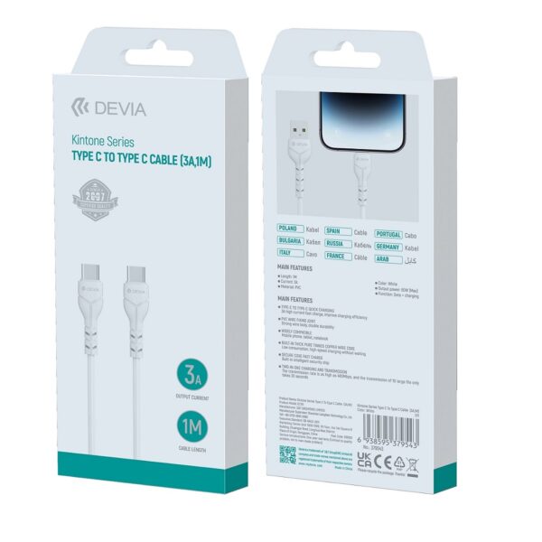 Devia cable Kintone USB-C - USB-C 1,0 m 3A white