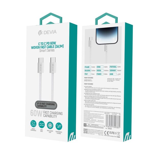 Devia cable Smart PD USB-C - USB-C 1,0 m 60W 3A white
