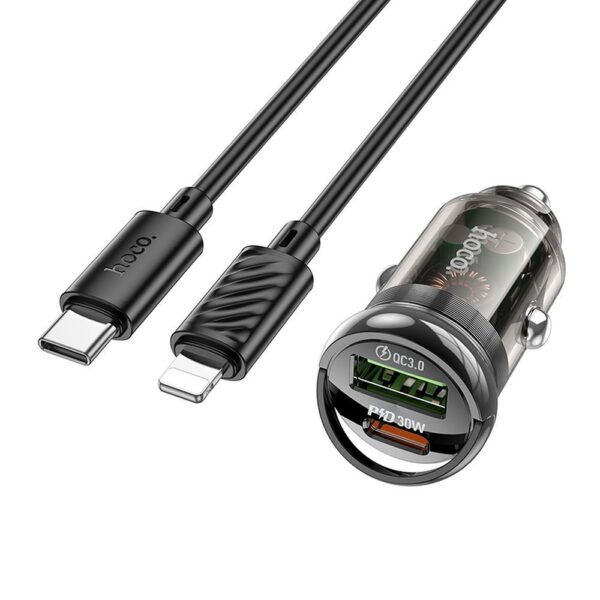 HOCO - Z53A car charger USB QC3.0 + Type C + cable Type C to Apple Lightning 8-pin PD 30W black