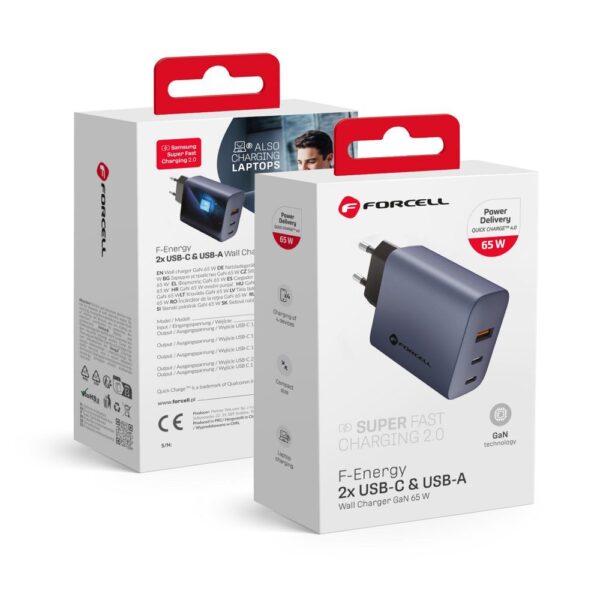 Forcell F-Energy Travel Charger with 2x USB C and USB A sockets - 4A 65W with PD and Quick Charge 4.0 function