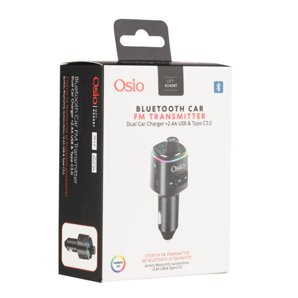 Osio OFT-4240BT FM transmitter και φορτιστής με Bluetooth, Fast Charge USB & USB Type-C, micro SD και LED