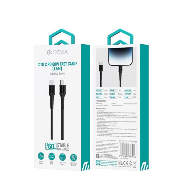Devia cable Gracious USB-C - USB-C 1,5 m 3A black 60W