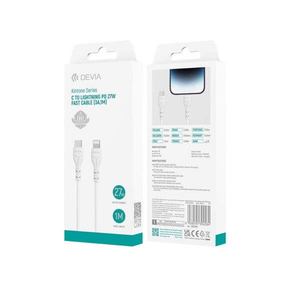 Devia cable Kintone USB-C - Lightning 1,0 m 3A 27W white