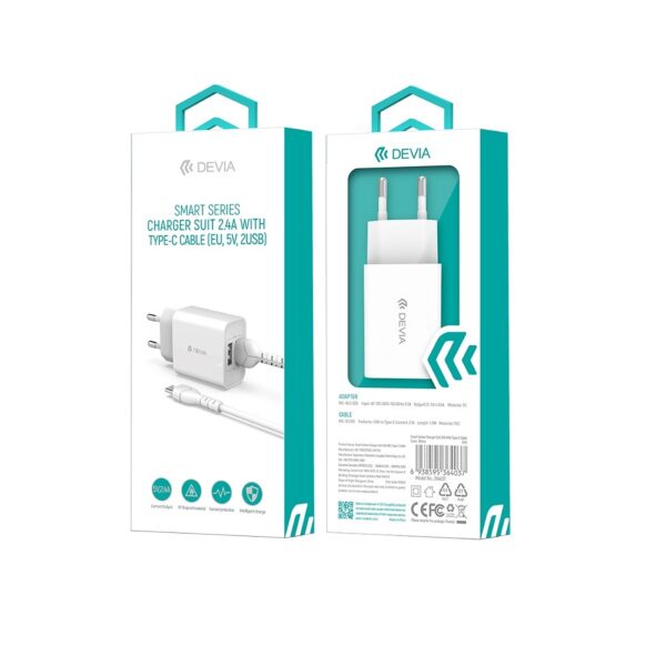 Devia wall charger Smart 2x USB 2,4A white + USB-C cable