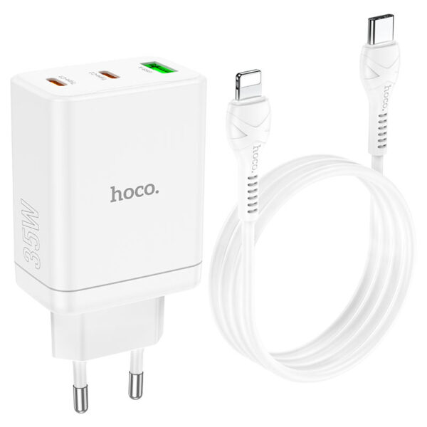 HOCO - N33 charger 2 x Type C + USB A + cable Type C to Lightning PD QC3.0 3A 35W white